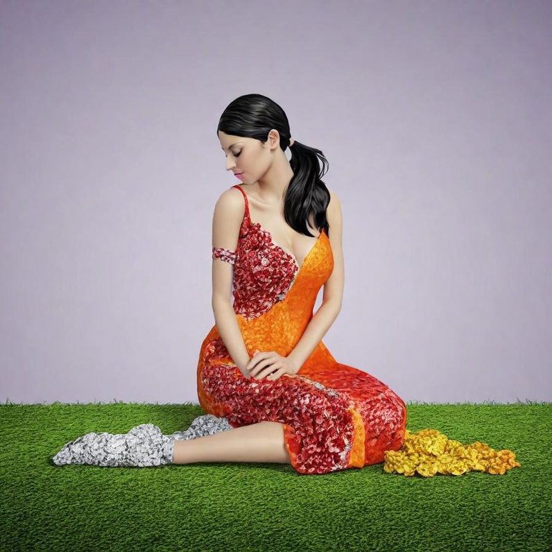 Endometriose Woman in a colorful floral dress kneels on green grass with a purple background.